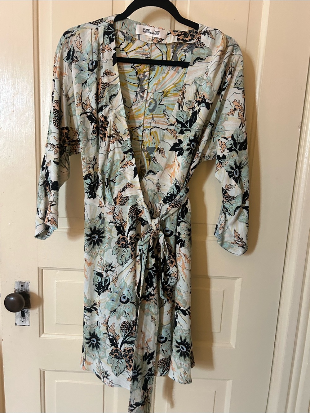 DVF Diane Von Furstenberg Floral Wrap Dress with Tie - Soft Mint, Black & Peach